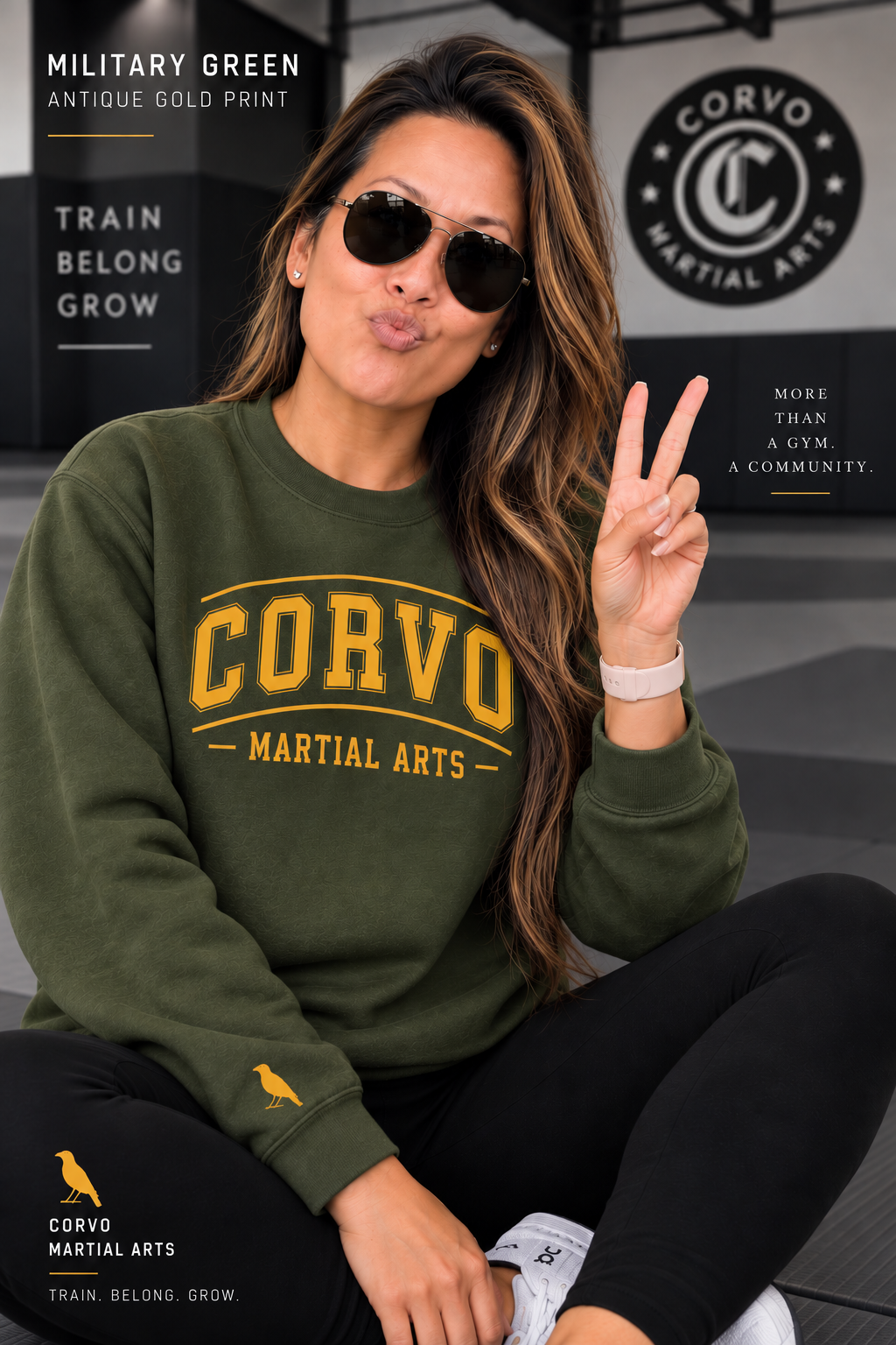 Susan wearing the military-green Corvo collegiate crewneck.